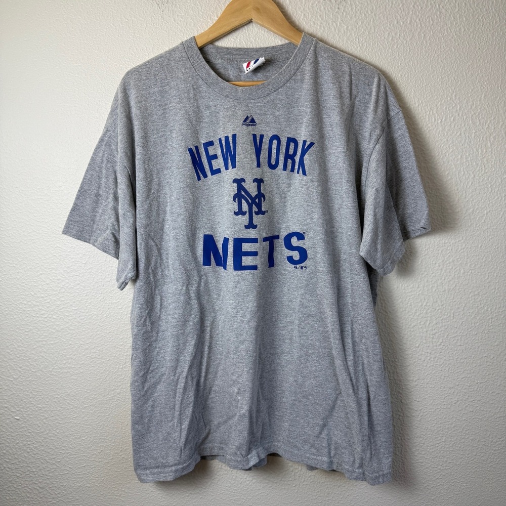 Y2K Majestic T-Shirt Mens XL Gray Excellent New York Mets MLB Graphic Tee